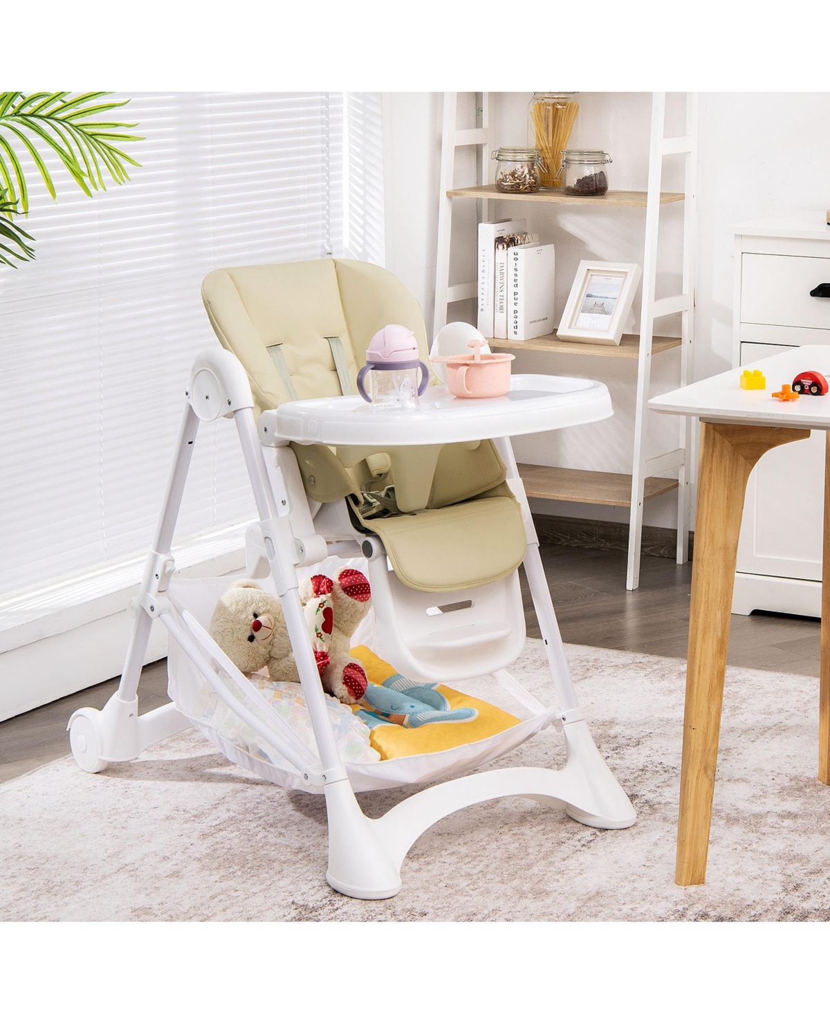 Gouun Baby Convertible Folding Adjustable High Chair with Wheel Tray Storage Basket -khaki