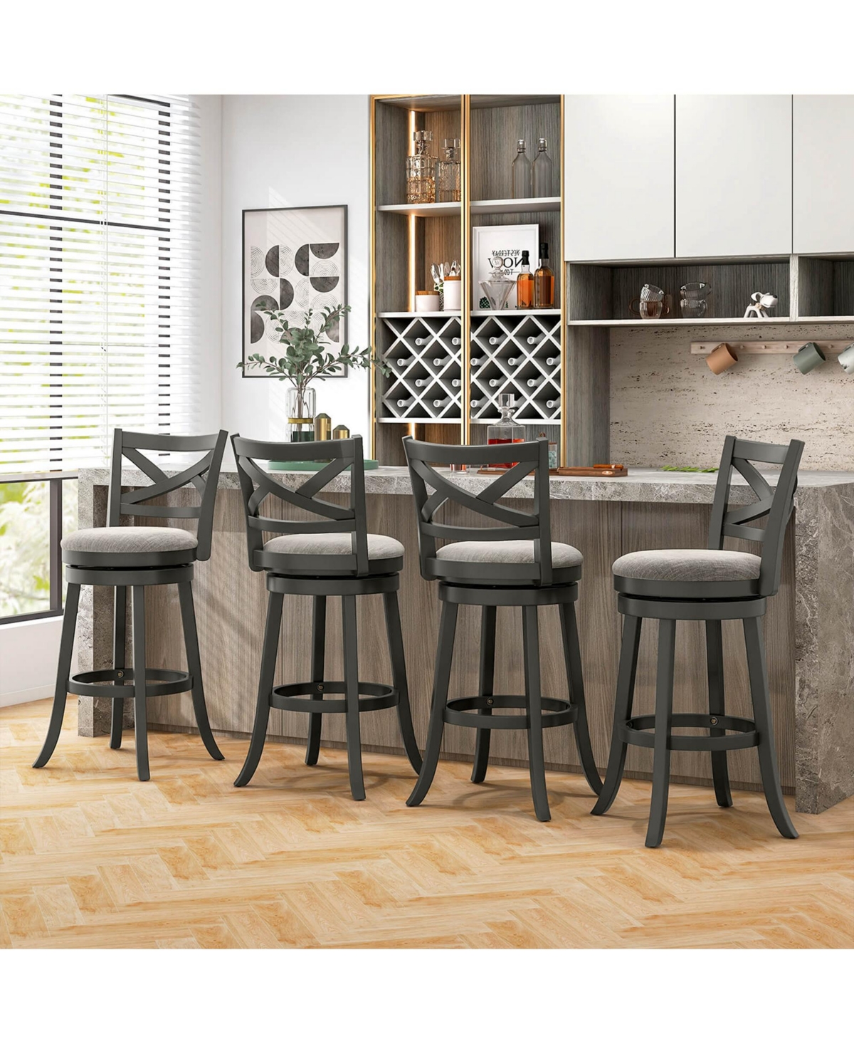 Swivel Bar Stools Set of Bar Height Chairs with Hollow Back Soft-padded Seat