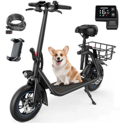 Gyroor 450W Electric Scooter with Seat for Adult, 12 inch Commuter Electric Scooter with Basket - up to 21 Miles 15.5MPH