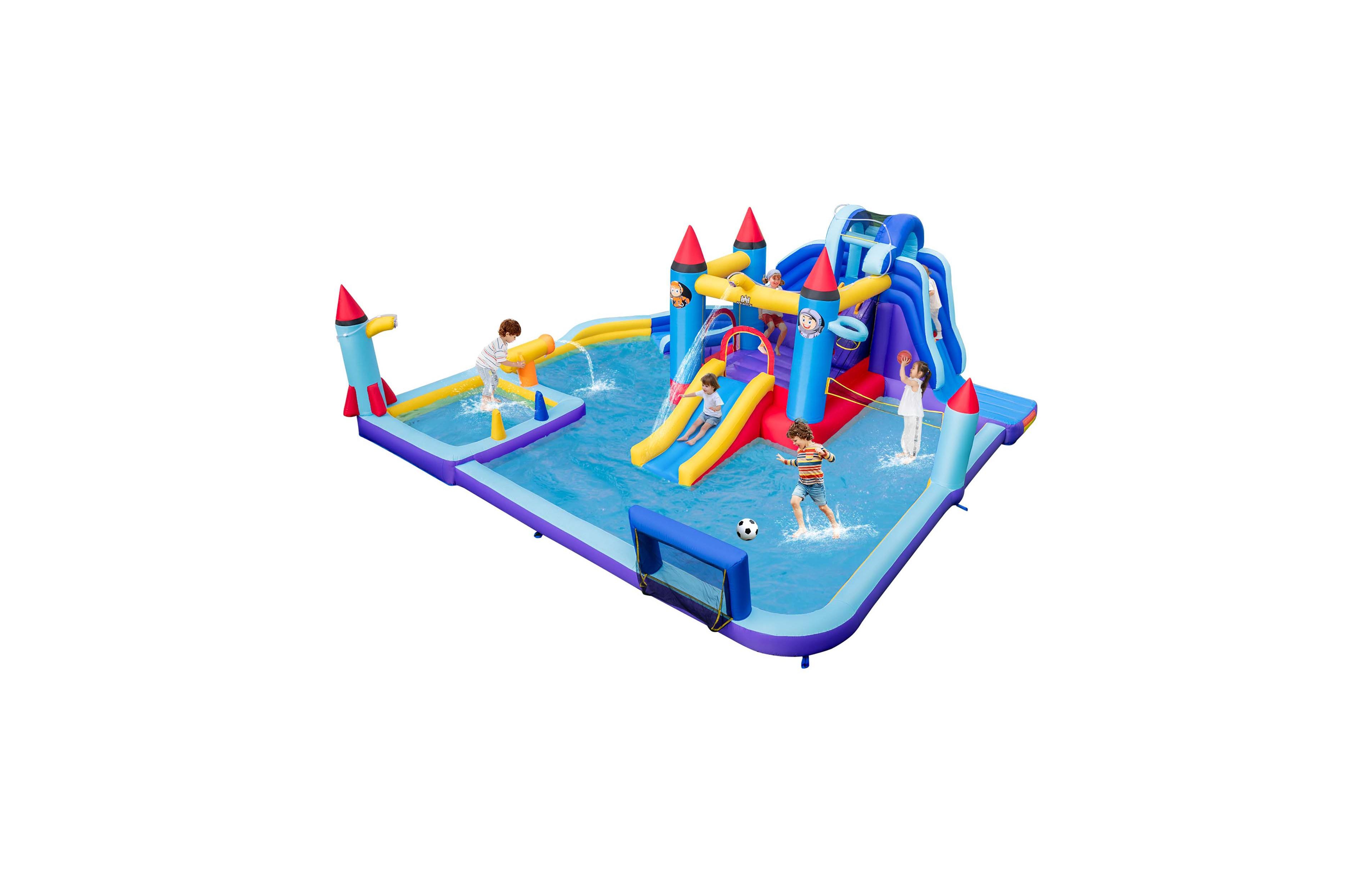 Costway Rocket Theme Inflatable Water Slide Park with 2 Slides Splash Pool & 1100W Blower