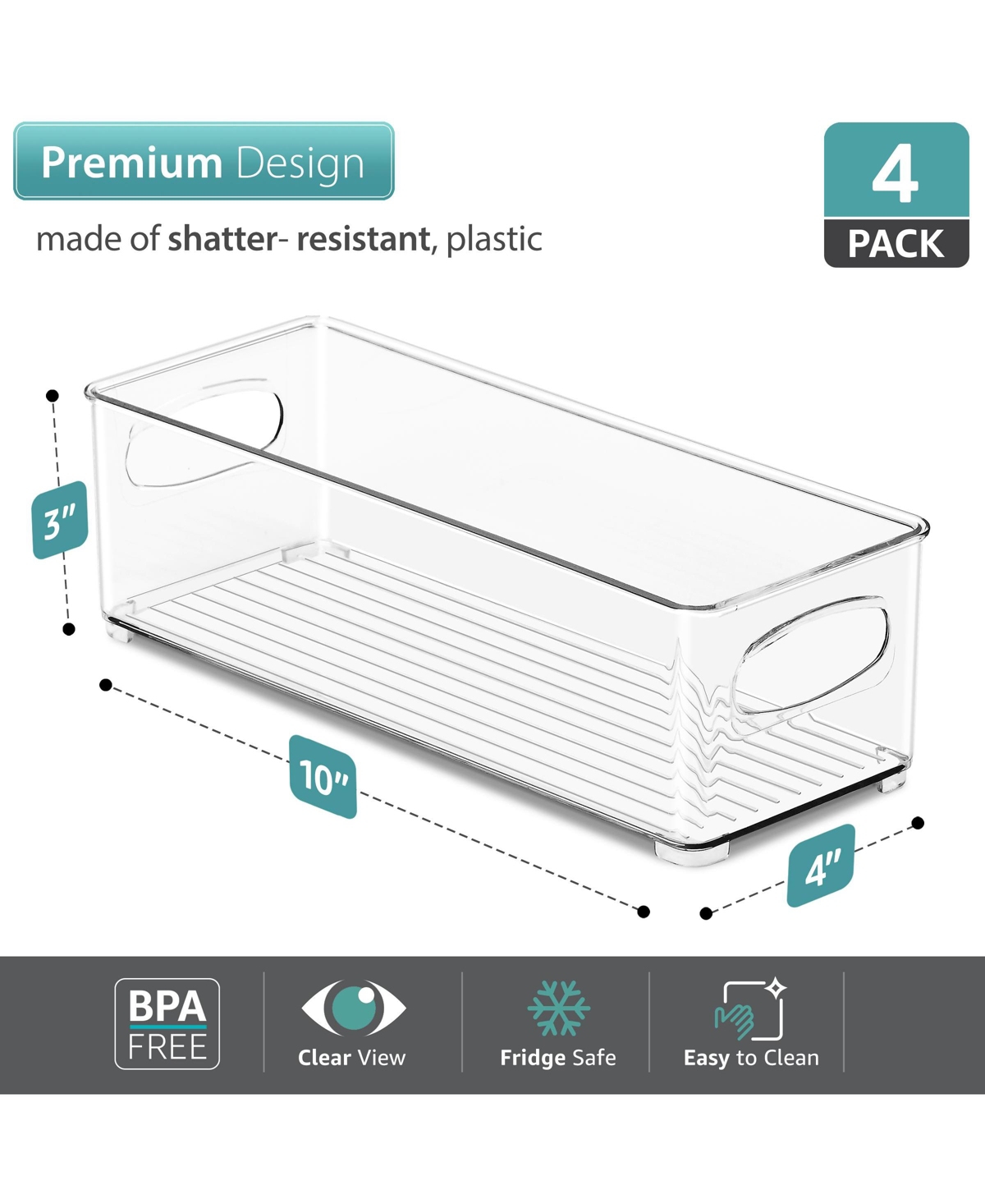 Sorbus 4 Pack Narrow Stackable Clear Storage Bins with Handles- for Kitchen Pantry, Freezer & Fridge Organization