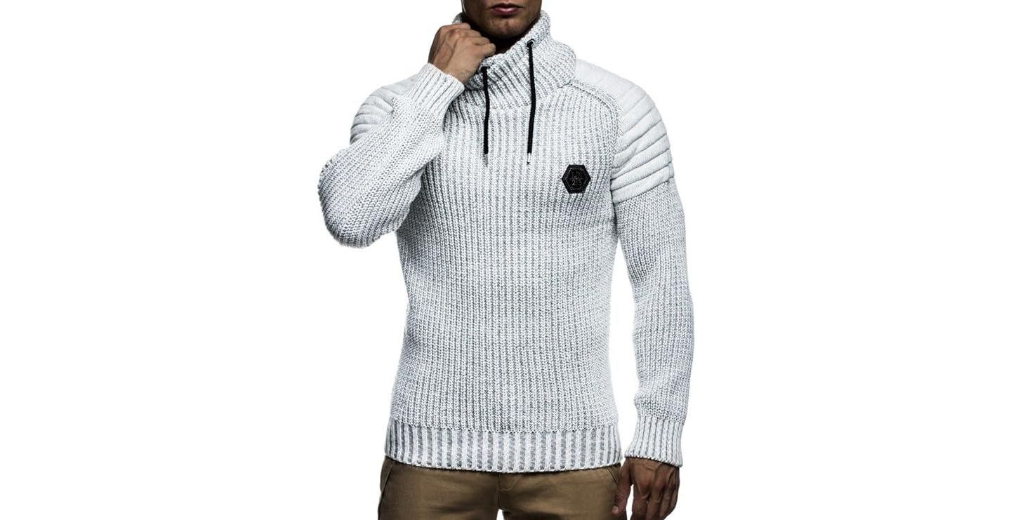 Мужской свитер Leif Nelson Knitted Winter Pullover with Shawl Collar Sweater Hoodie Sweatshirt Slim Fit Long Sleeve, цвет: Бежевый / Серый — фото 2