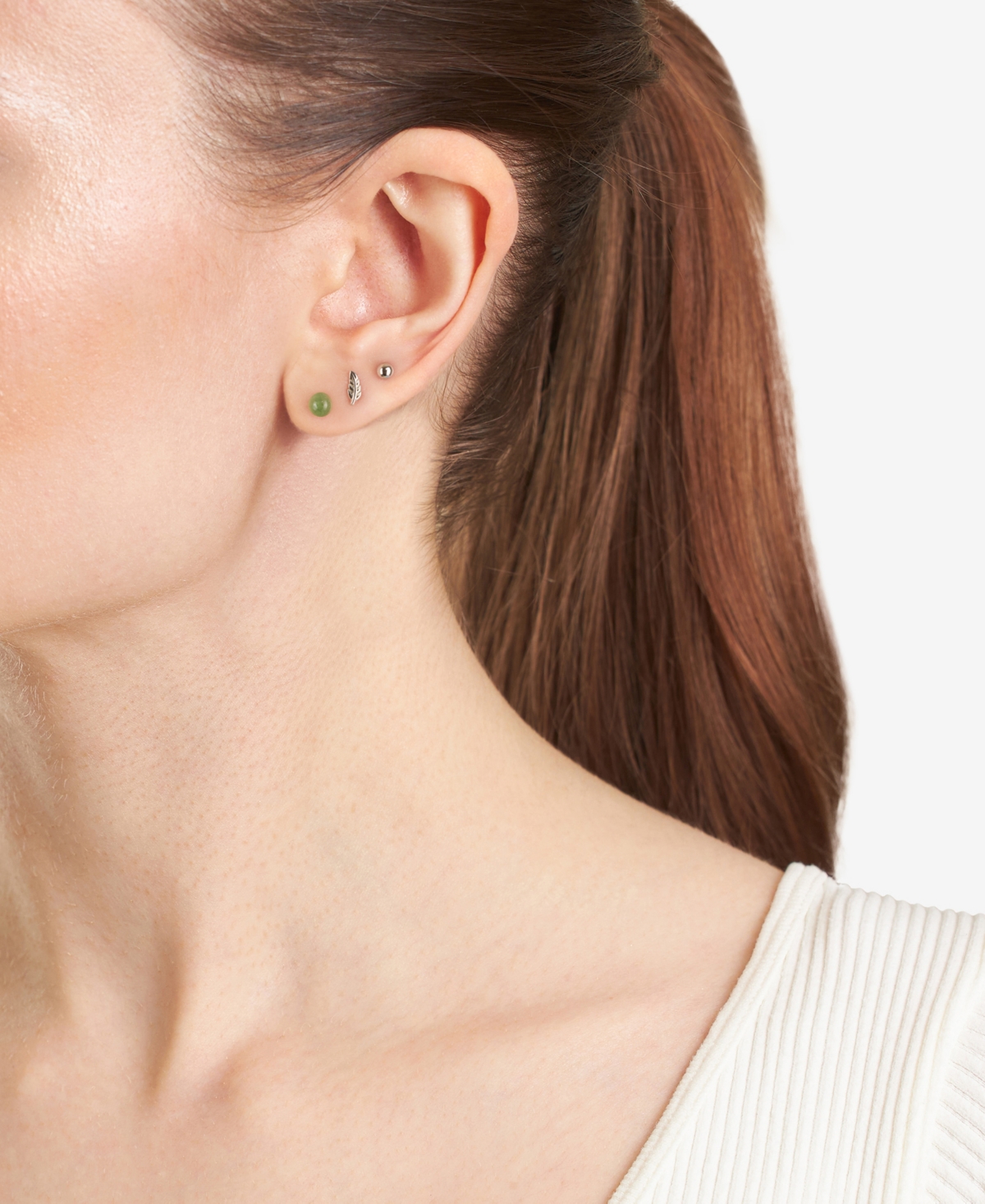 Macy's 3-pc. Set Green Aventurine, Polished Sphere & Feather Stud Earrings In Sterling Silver In Green Aventurine