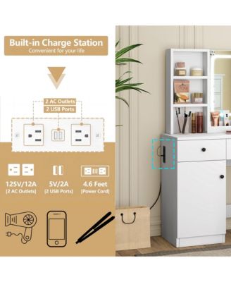 Vanity Desk with LED Lighted Mirror & Power Outlet, Makeup Vanity with Drawers & Cabinet & Chair