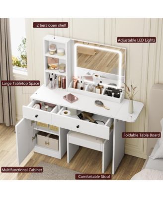 Vanity Desk with LED Lighted Mirror & Power Outlet, Makeup Vanity with Drawers & Cabinet & Chair