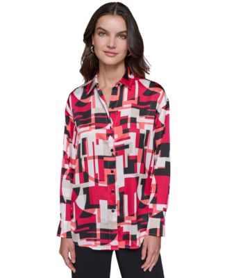 Classic Satin Printed Oversized Button-Up Shirt