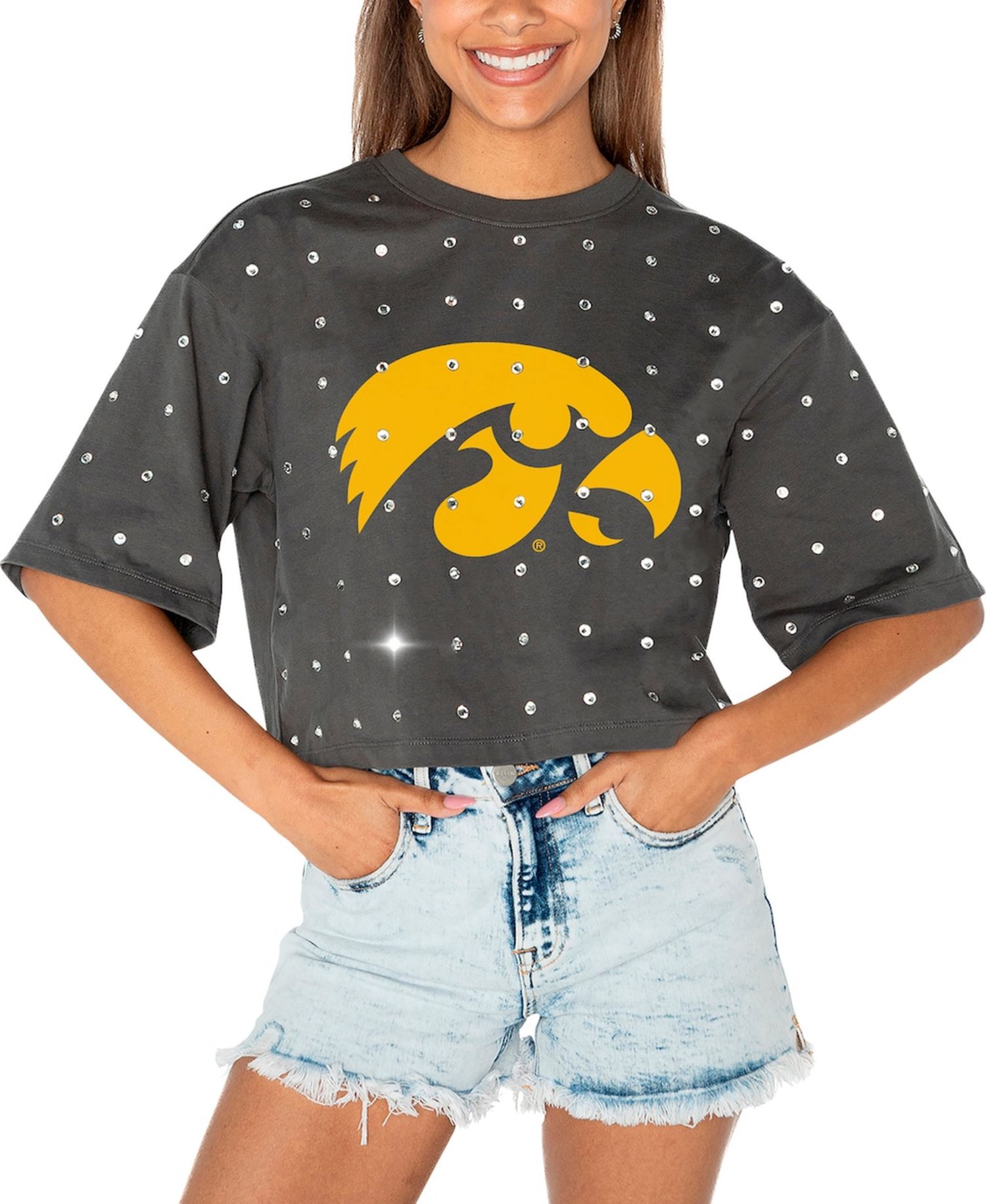 Women's Gray Iowa Hawkeyes Go Time Rhinestone Crop T-Shirt