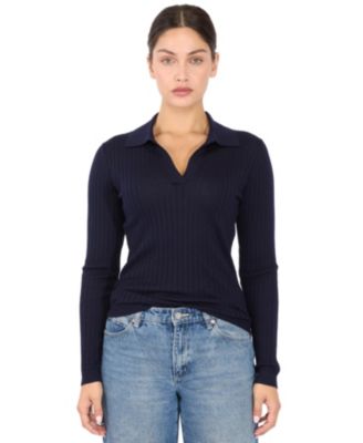 Women's Tissue Weight Cashmere Silk Rib-knit Johnny Collar Polo Sweater