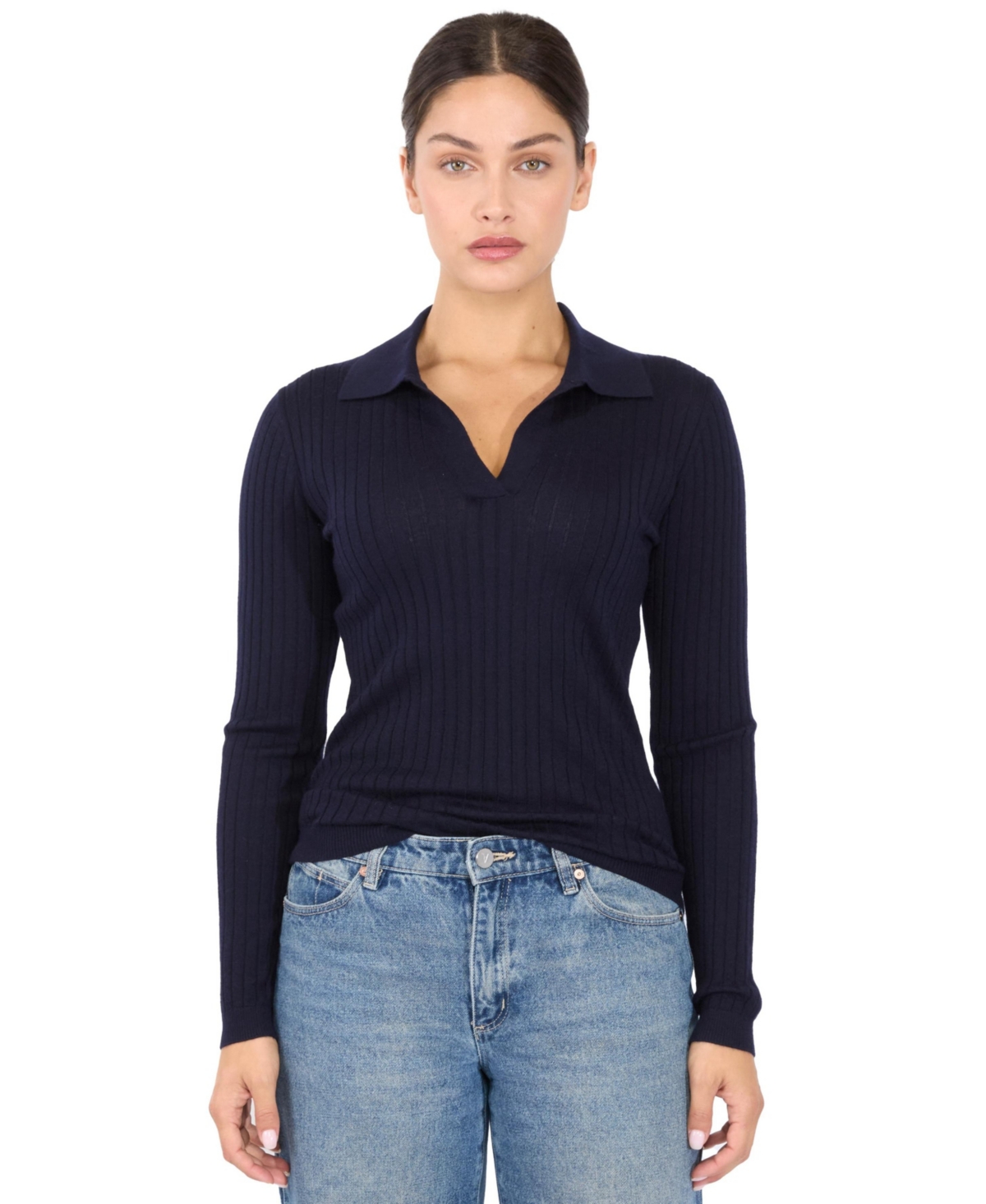 Jennie Liu Women's Tissue Weight Cashmere Silk Rib-knit Johnny Collar Polo Sweater