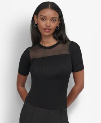 DKNY - Petite Mesh-Trim Ribbed Knit Top