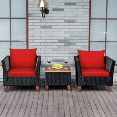 3PCS Patio Rattan Furniture Set Cushioned Sofa Storage Table with Wood Top