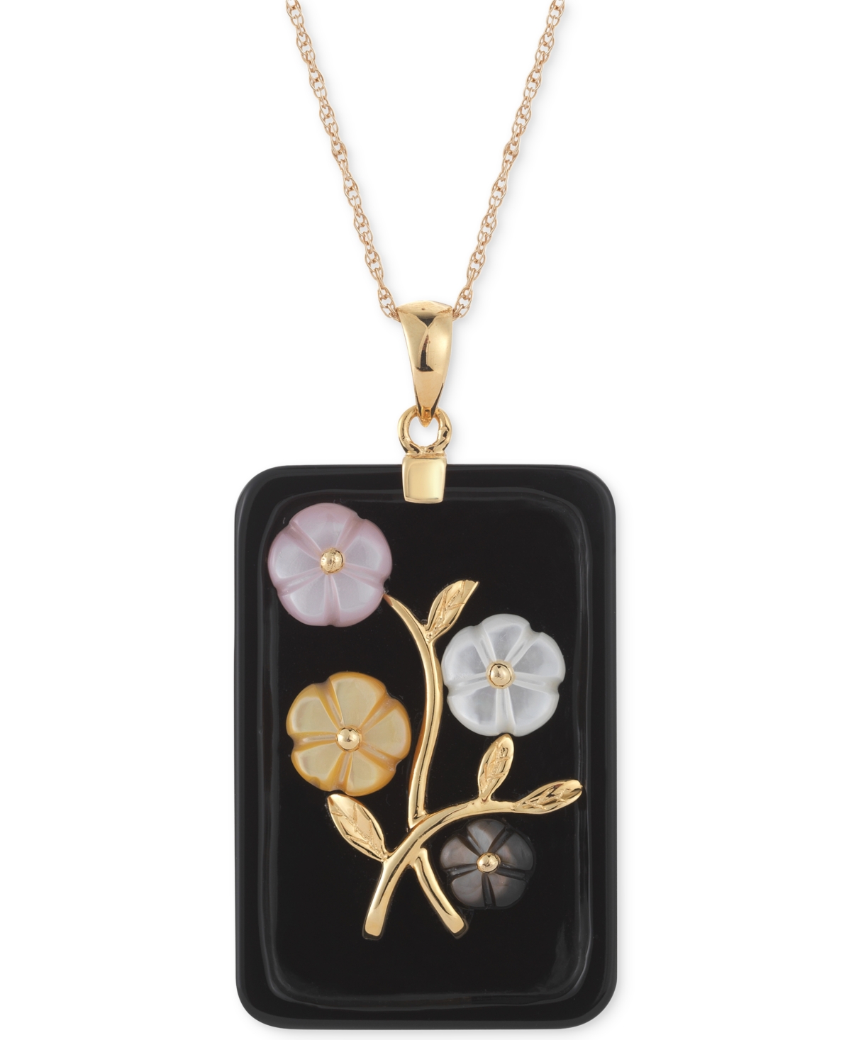 Jade or Onyx Carved Flower Pendant Necklace (25x38mm) in 14k Gold-Plated Sterling Silver