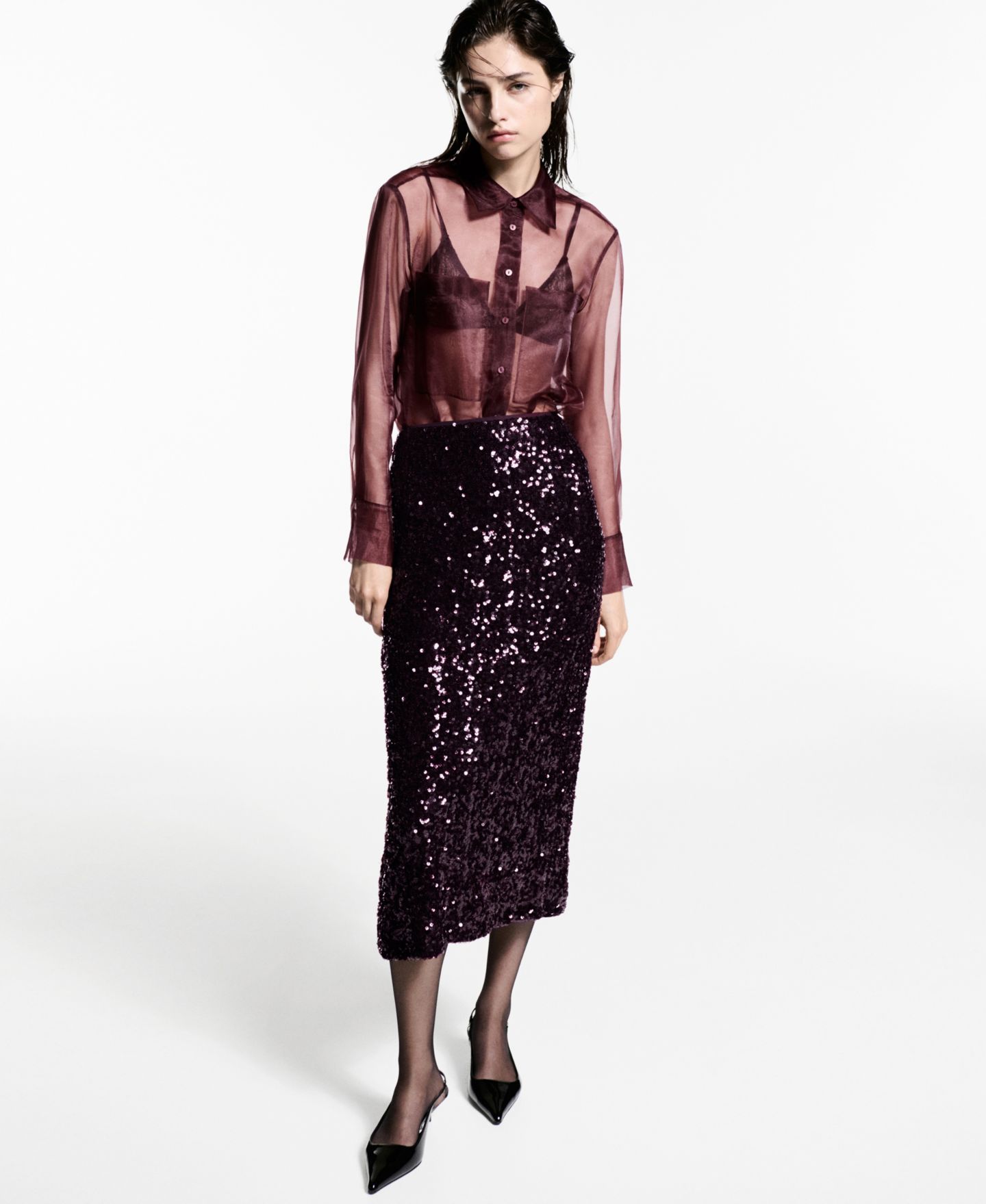 Женская юбка Mango Sequin Midi, цвет: Бордовый — фото 2