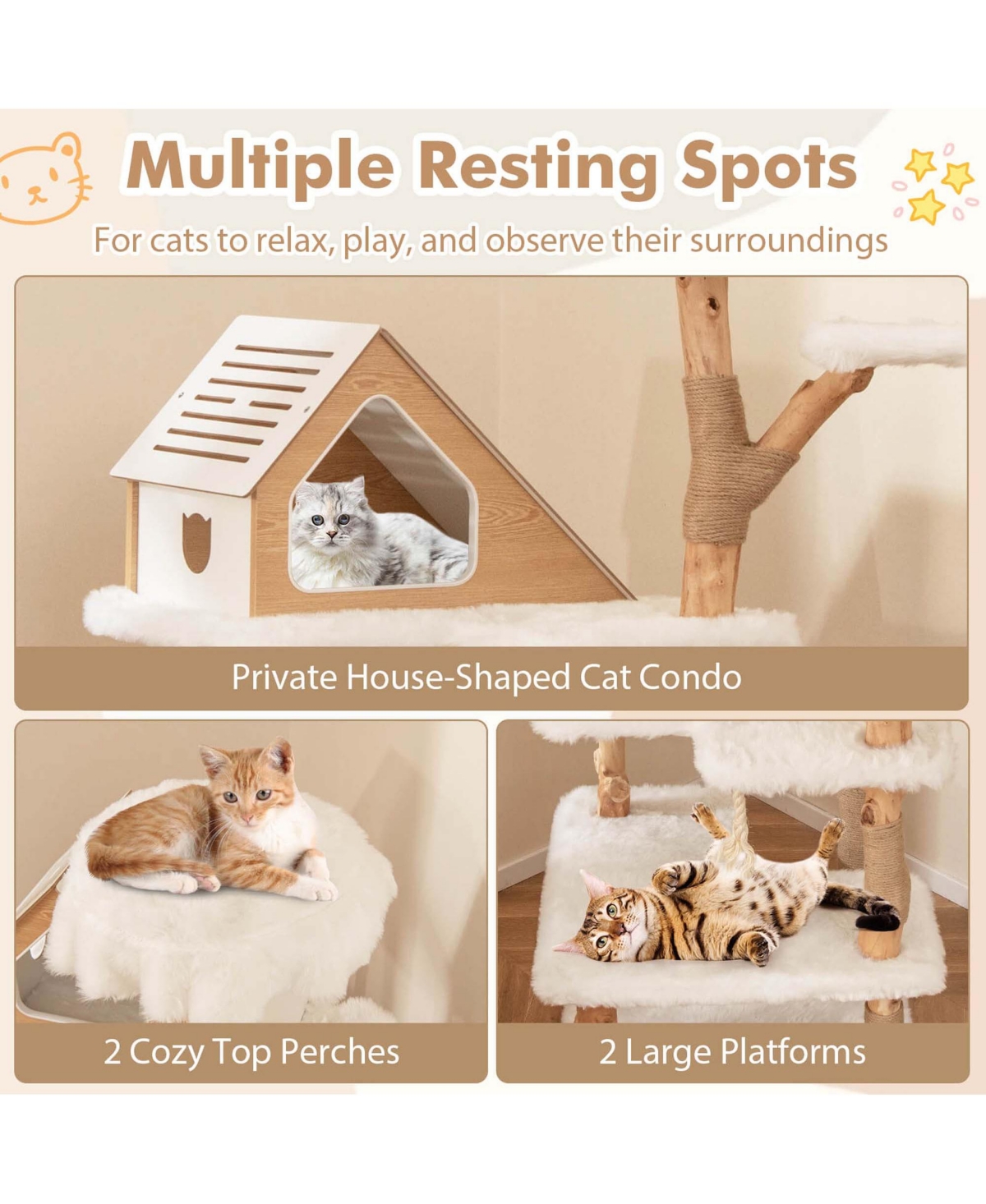 Costway Tall Solid Wood Cat Tree with 2 Perches Condo Jute Scratching Posts Sisal Rope