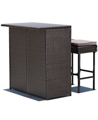 3 Pieces Patio Rattan Wicker Bar Table Stools Dining SetOff