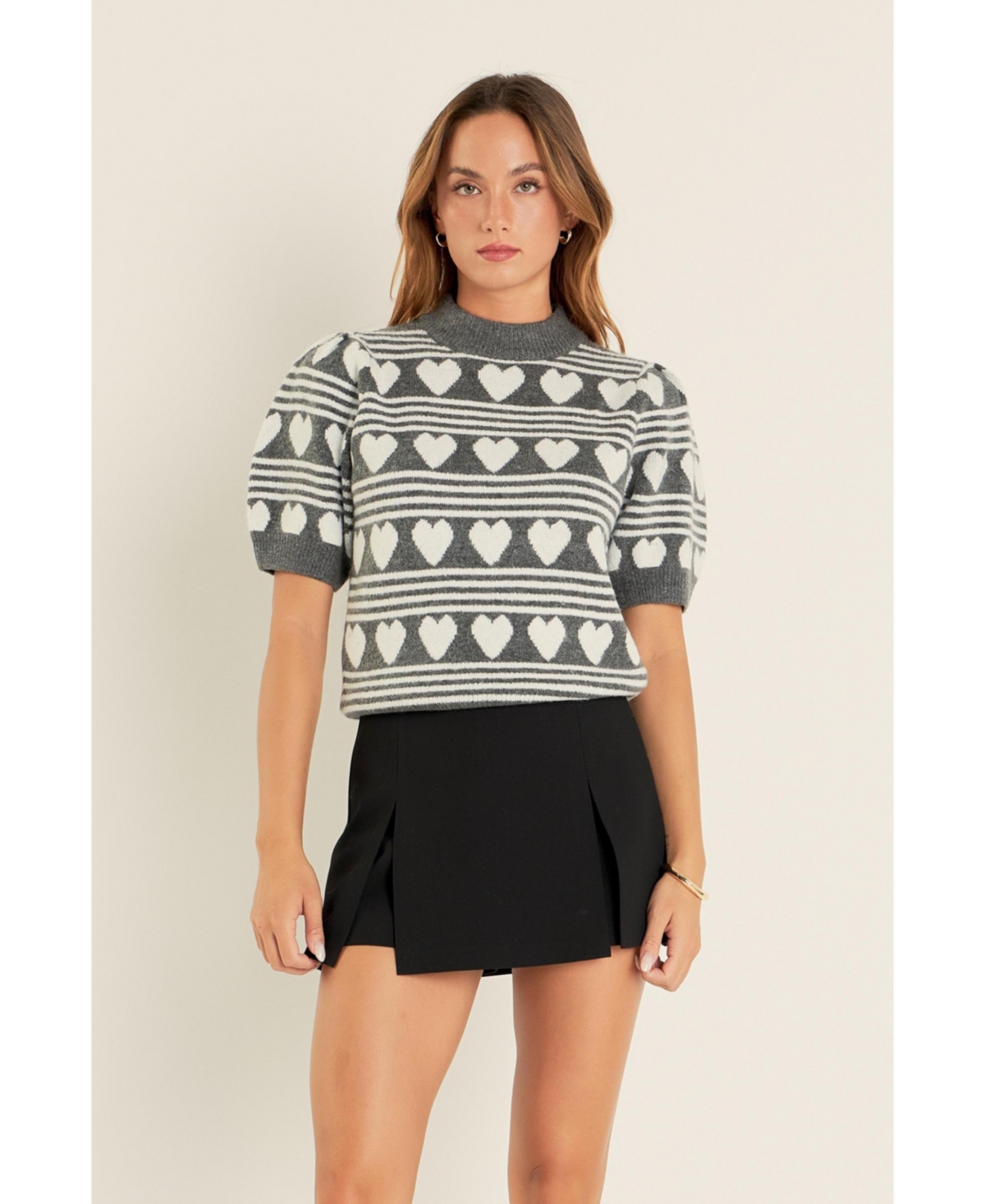 English Factory Women's Heart Stripe Puff Sleeve Top -white