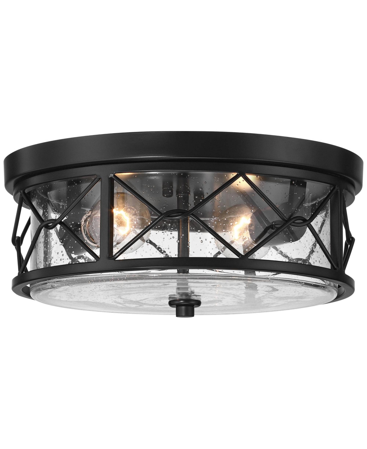 Franklin Iron Works Quincy Industrial Flush-Mount Ceiling Light Fixture Kitchen Foyer Hallway Round Drum 2-LightClear Seeded Glass Bedroom