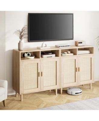 2PCS Rattan Buffet Cabinet with Storage,2 Door Kitchen Storage Cabinet with Shelves, Wood Sideboard Cabinet for Kitchen,Shoe Cabinet Storage for Entryway Living Room Dining Room Bedroom