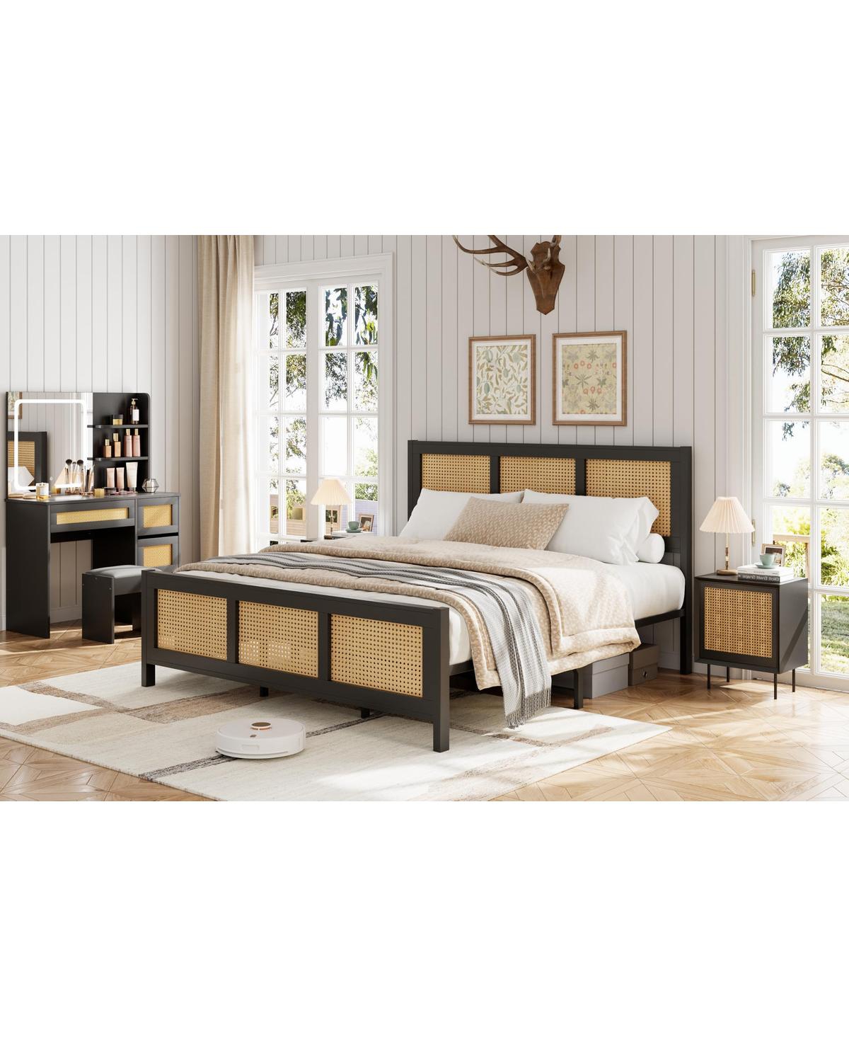 gaomon Size Rattan Bed Frame with Headboard,Boho Cane Platform Bed Frame with Strong Metal Slat, Noise Free, No Box Spring Needed - Black