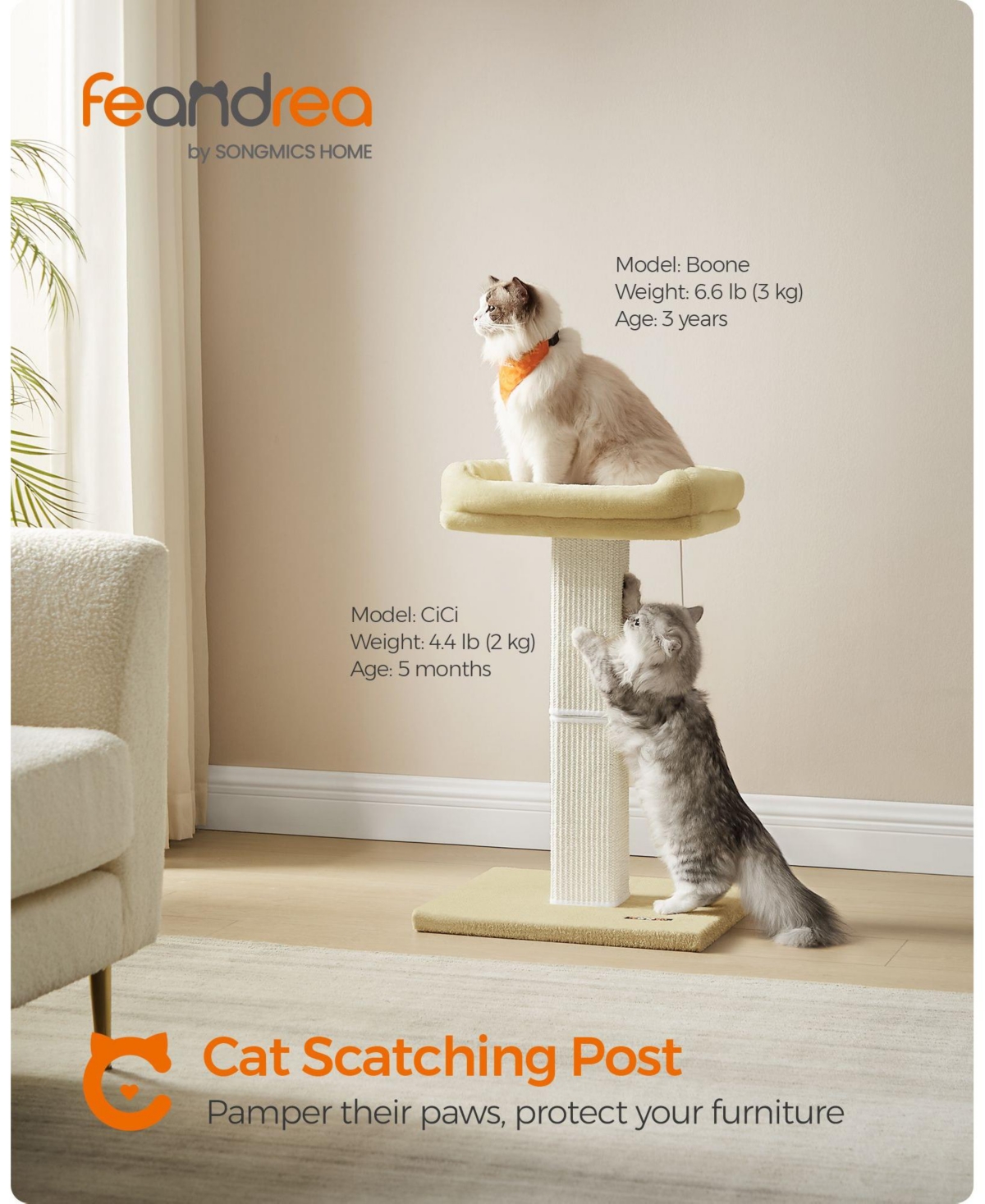 Slickblue Cat Scratcher Post with Plush Perch and Woven Sisal, Pompom, Removable Washable Cover