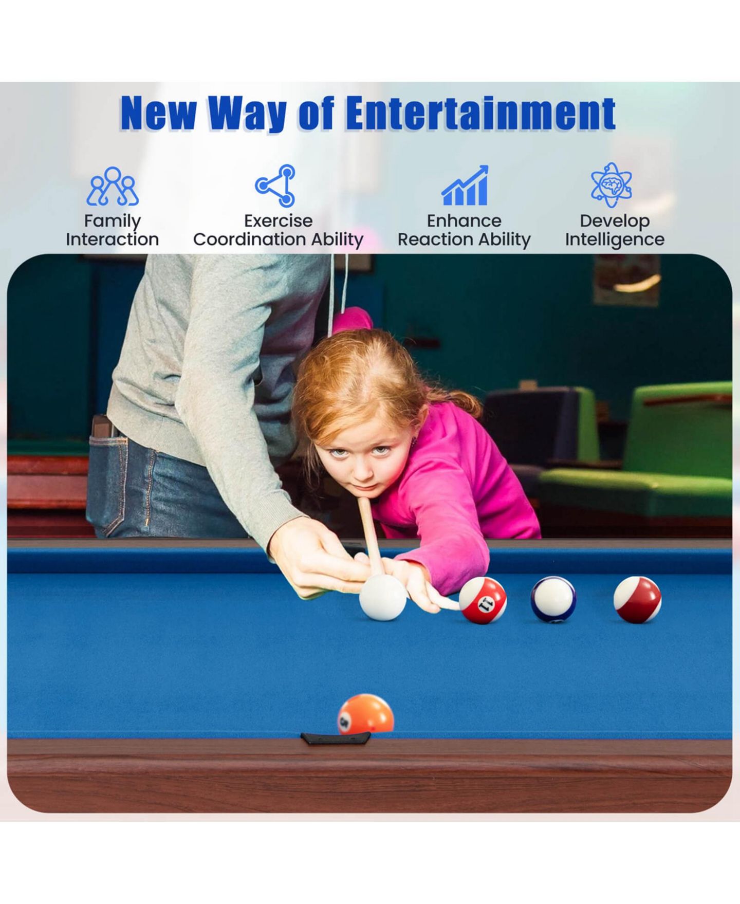 Детские игрушки Costway 48" Pool Table for Kids Adults with Full Set of Balls 2 Cue Sticks 2, цвет: Синий — фото 7