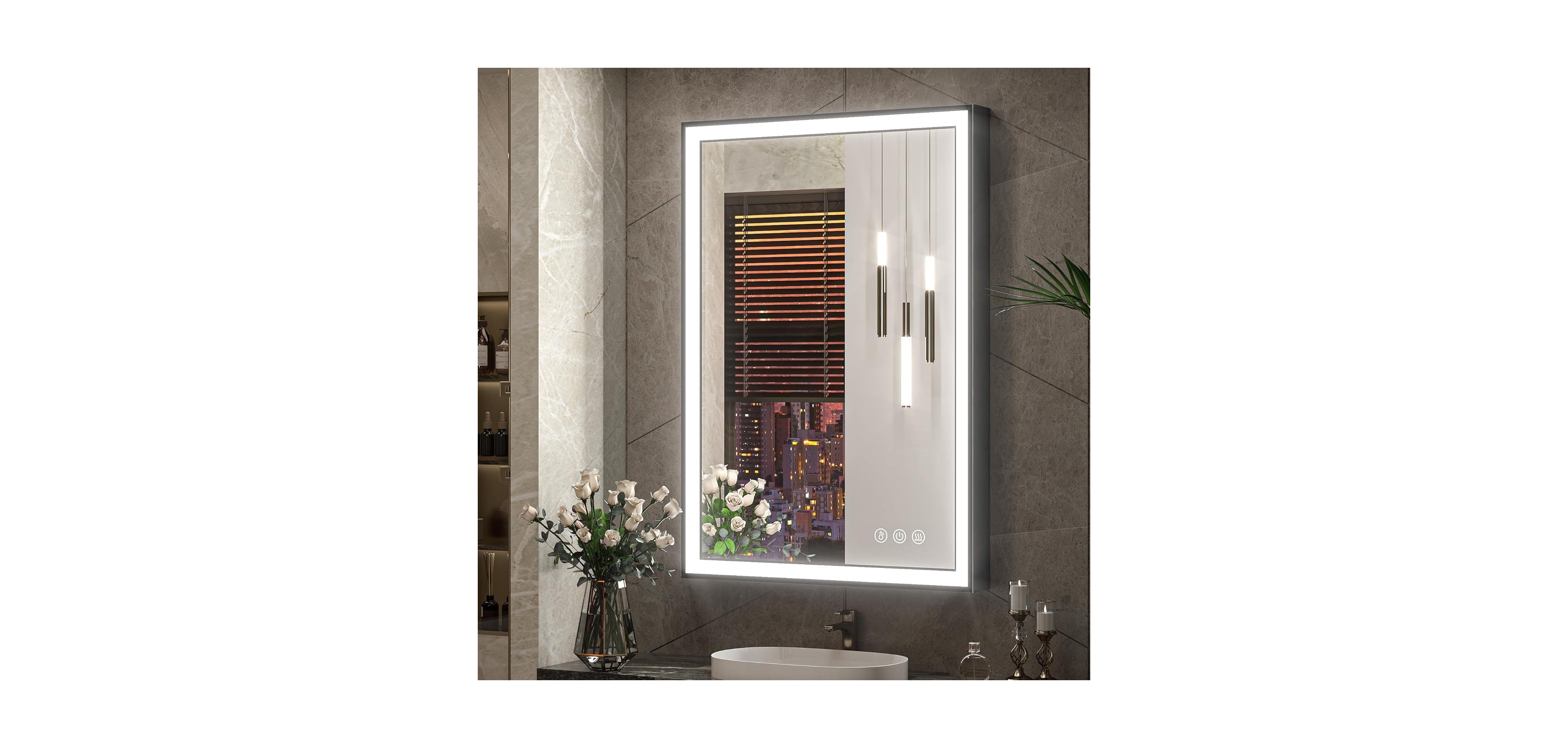 keonjinn 45° Angled Frontlit Metal Framed Bathroom Vanity Mirror with Anti-fog Function