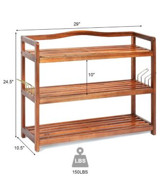 3-Tier Acacia Wood Shoe Rack with Side Metal Hooks