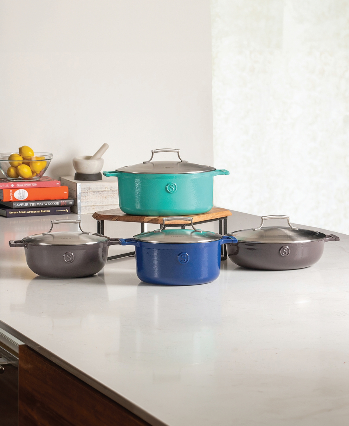 Voyage Series Qt Enameled Cast Iron Braiser, Dutch Oven with Stainless Steel Lid