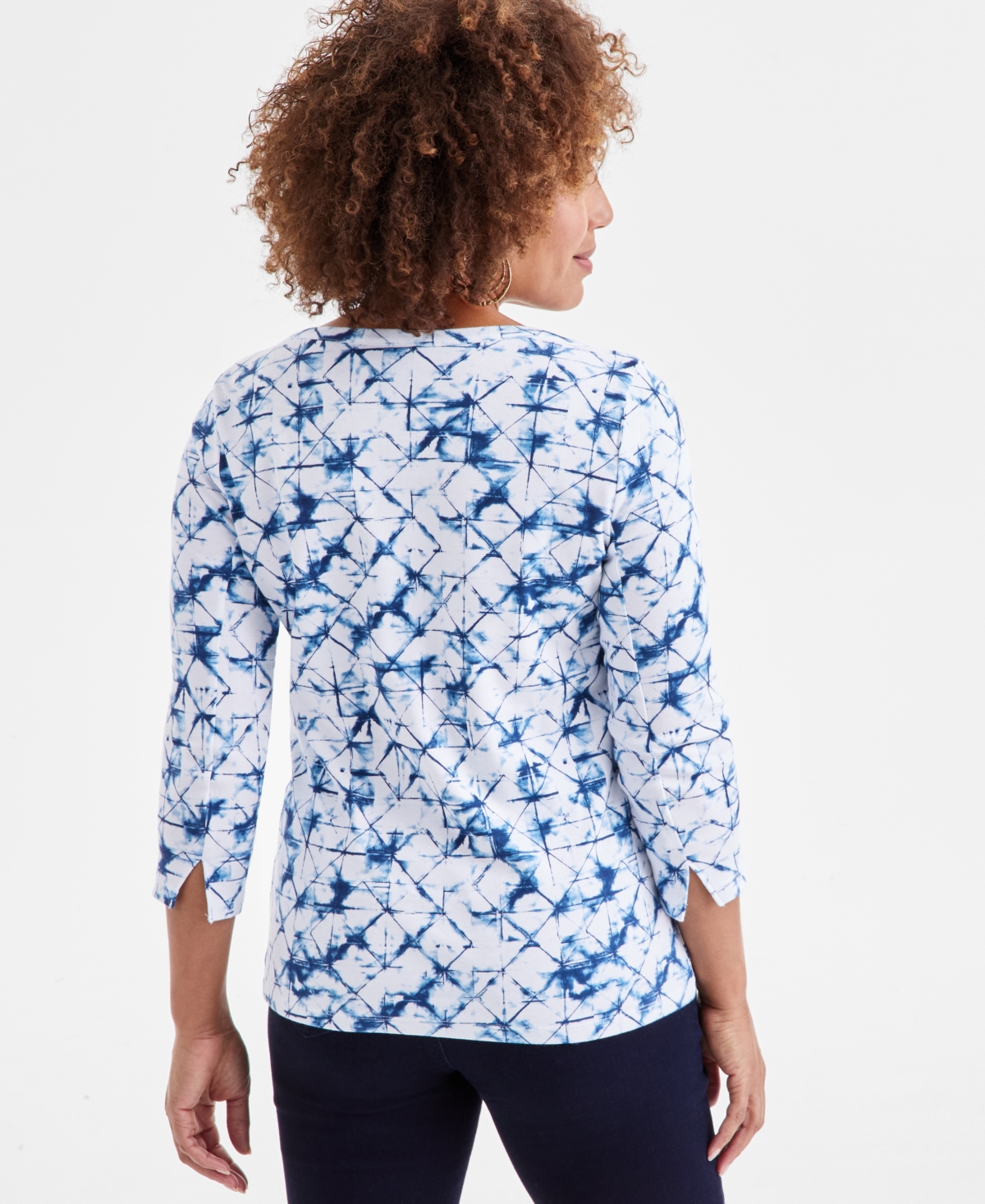 Shop Style & Co Women's Printed Pima Cotton 3/4-sleeve Top, Exclusively At Macy's In Ocean White