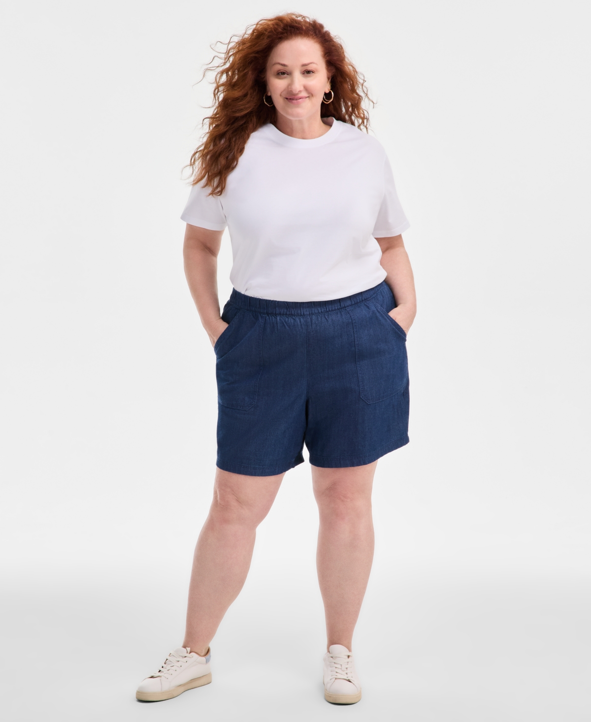 Shop Style & Co Plus Size Chambray Pull-on Shorts, Exclusively At Macy's In Karen Dark Chambray