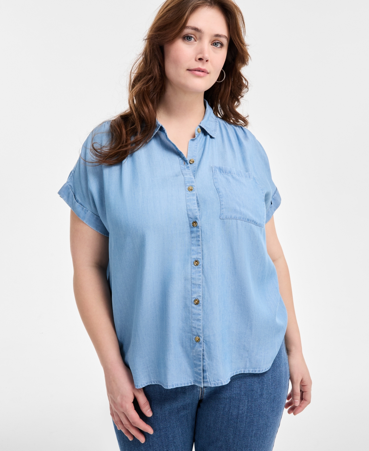 Plus Size Short-Sleeve Chambray Shirt, Exclusively at Macy's - Anna Wash