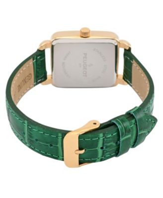 Women's 14K Gold Plated Square Dress Watch with European Crystals and Green Leather Band
