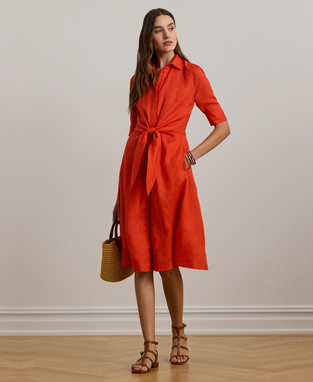 Ralph Lauren Tie-front Linen Shirtdress In Orange Lily