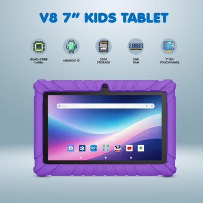 V8 Kids Tablet 32GB, 7” Screen WiFi Learning Device with Parental Controls, Shockproof Case, Epic! & LingoKids Apps