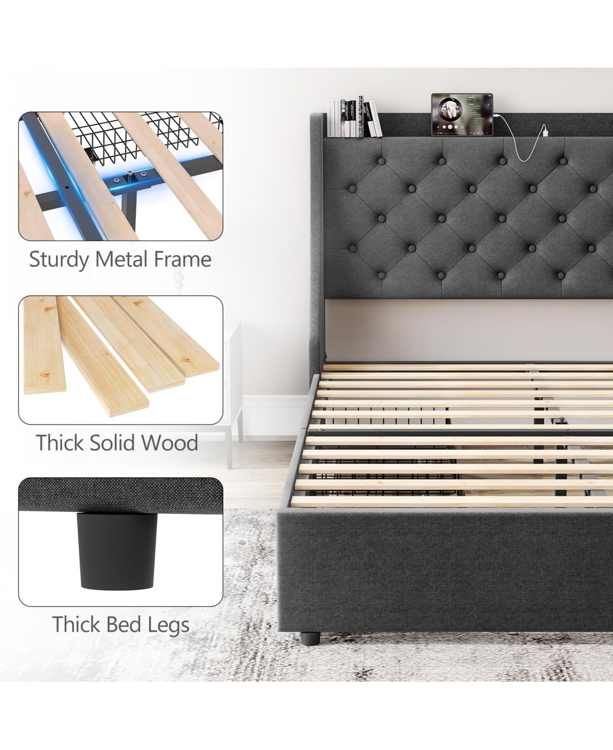 gaomon Bed Frame with 4 Storage Drawers, Platform Bed with Type-c & Usb Port and Charging Station