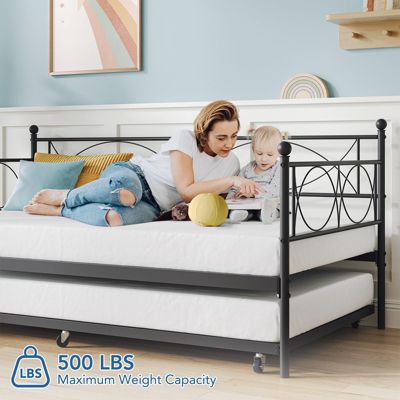 Twin Daybed with Trundle, Day Bed with Trundle Bed Twin, Twin Size Mattress Foundation with Steel Slat Support for Kids Teens Adults Living Room