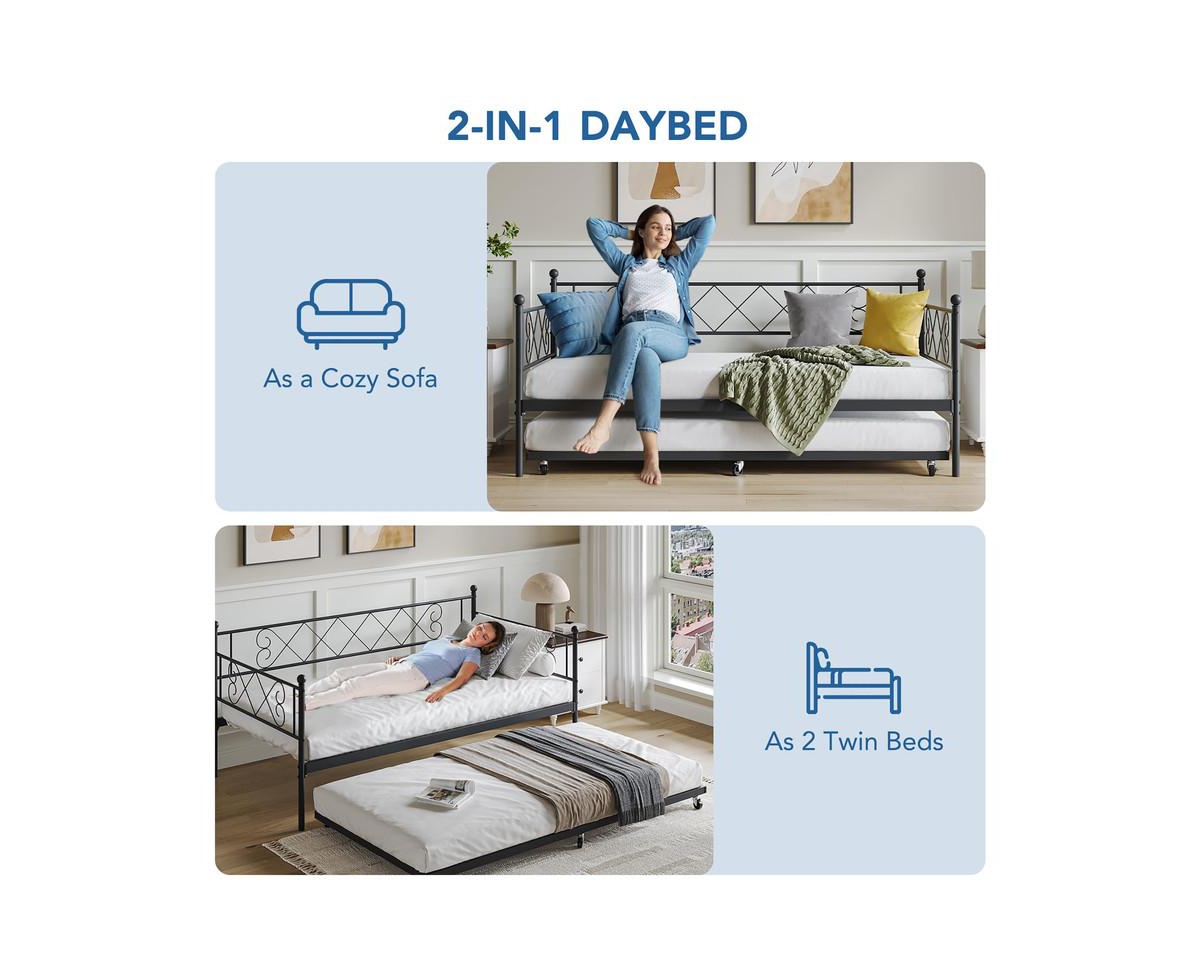 gaomon Metal Daybed with Trundle, Premium Steel Slat Support, Space Saving Trundle Sofa Bed for Living Room, Bedroom and Guest Room