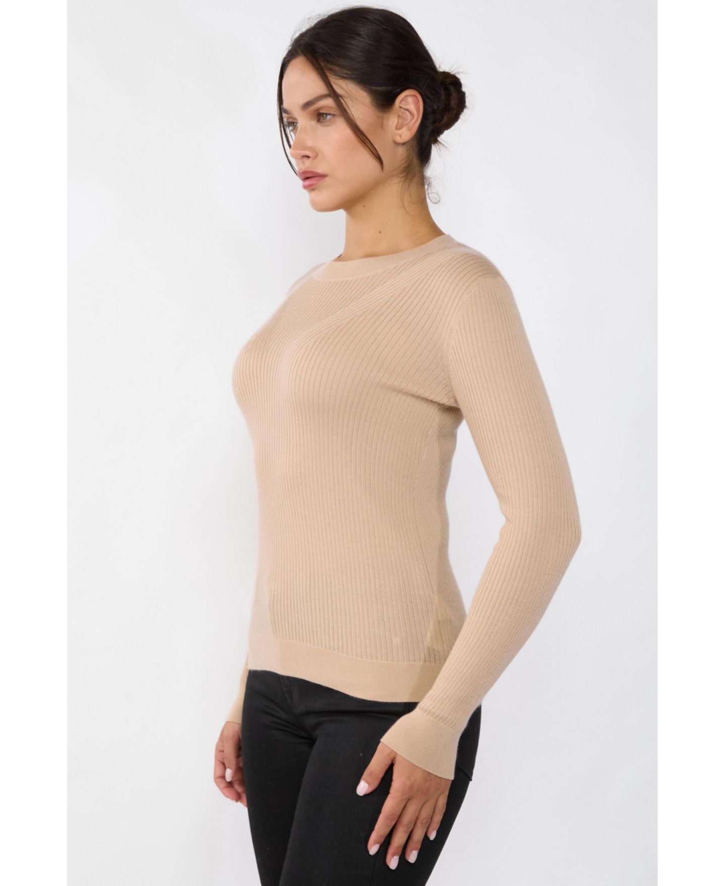 Женский свитер JENNIE LIU Tissue Weight Cashmere Silk Rib-knit Crewneck, цвет: Butterscotch — фото 3