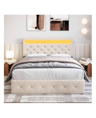 Full/Queen Size Upholstered Platform Bed Frame with LED Headboard Lights, Fast-Charging USB Port, No Box Spring Needed, Easy Assembly