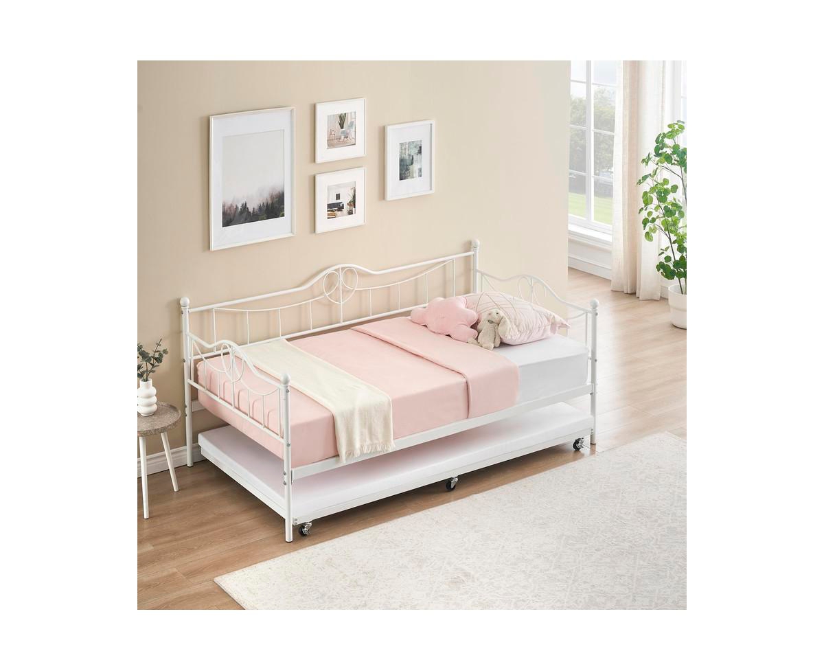 gaomon Daybed with Trundle, Modern Pull Out Day Bed Frame with Vintage Headboard, Metal Daybed with Sturdy Slat Support, for Small Spaces, Kids R