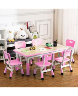 Kids Table and Chairs Set, Toddler Height Adjustable Desk with Graffiti Desktop, Arts & Crafts Table With 6 Seats, Non-Slip Legs, Max 300lbs