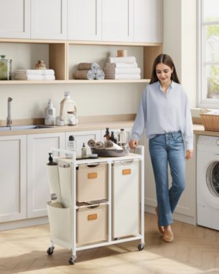 4-Compartment Laundry Hamper, Rolling Laundry Sorter Cart with Shelves, Side Pockets &amp; 6 Labels