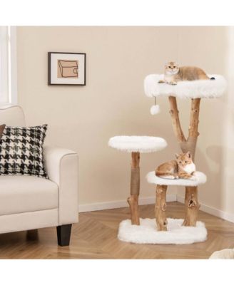 Solid Wood Cat Tree with Perch Natural Jute Scratching Posts Dangling Ball