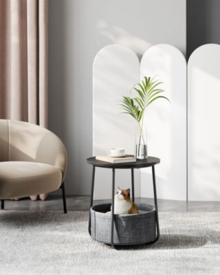 Small Round Side Table with Fabric Storage Basket for Living Room or Bedroom