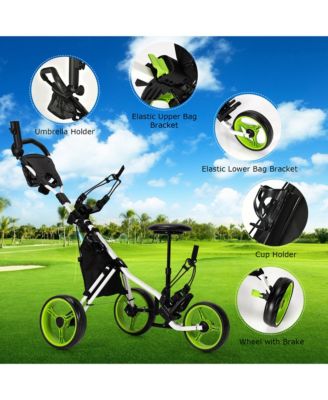 3-Wheel Foldable Golf Push Pull Cart Trolley w/ Seat Adjustable Handle