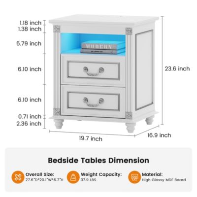 Nightstand with Charging Station, 3-Color LED Lights and 2 Drawers