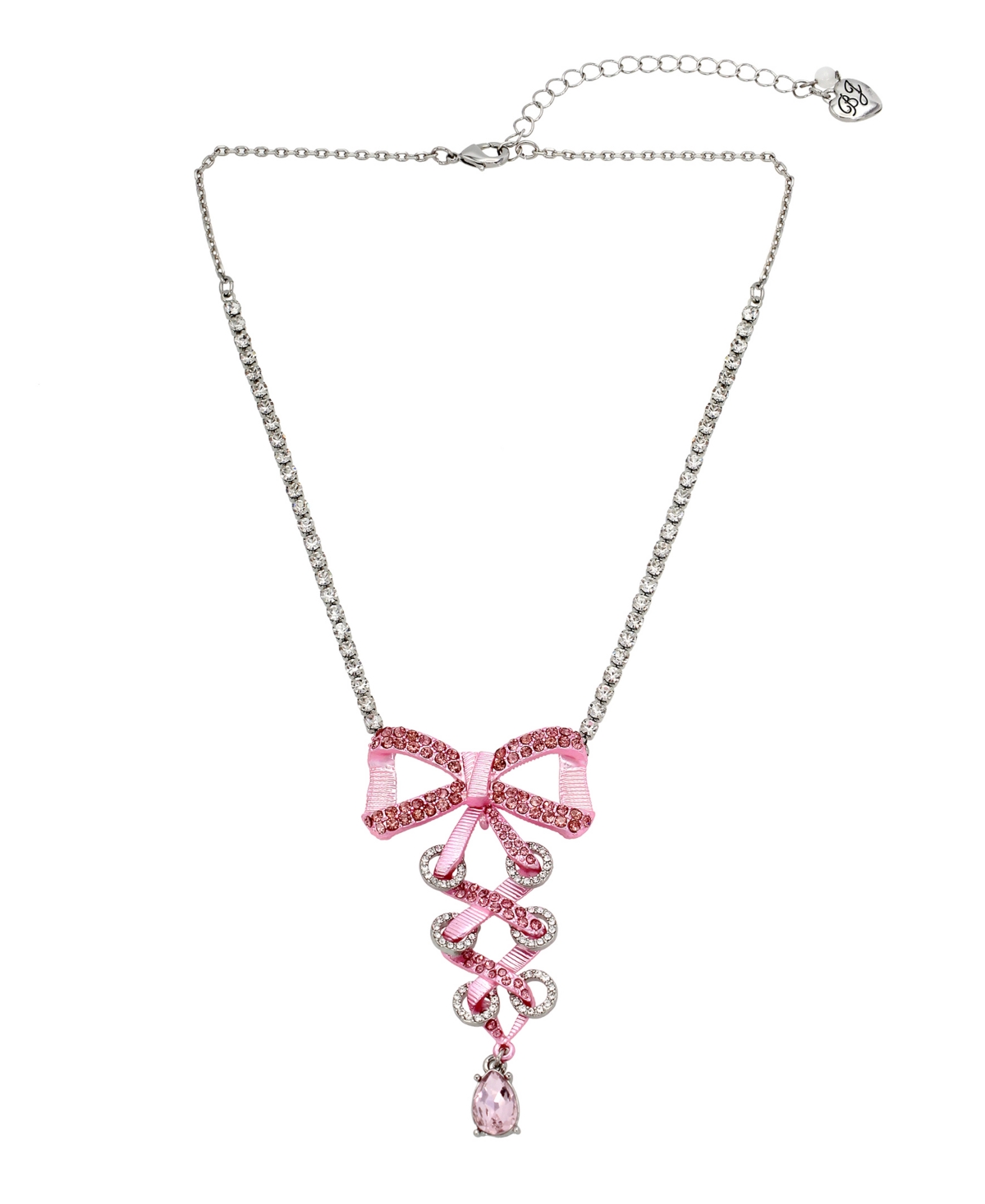 Betsey Johnson Faux Stone Fancy Bow Corset Pendant Necklace In Pink,hematite