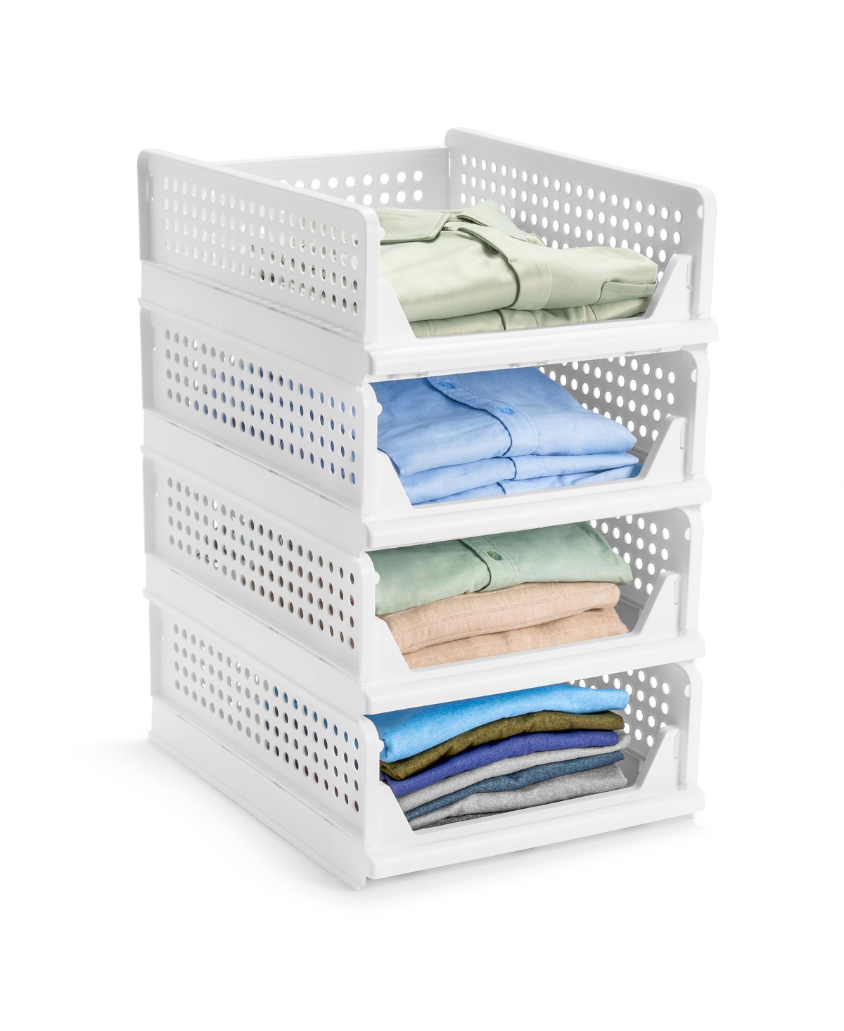 4 Tier Open Front Plastic Stackable Baskets Stand - for closets, bedrooms, bathrooms, or pantries - Open White