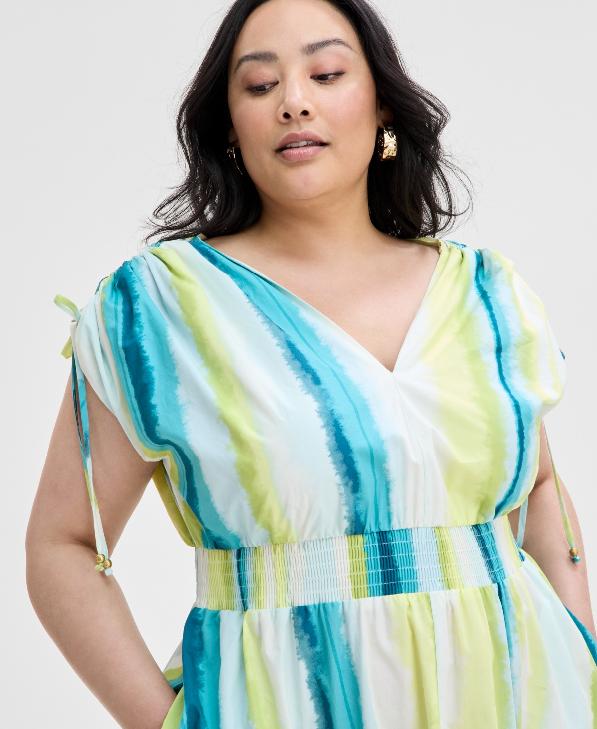 Inc International Concepts Plus Size Cotton Drawstring-sleeve Midi Dress, Exclusively At Macy's In Layla Stripe