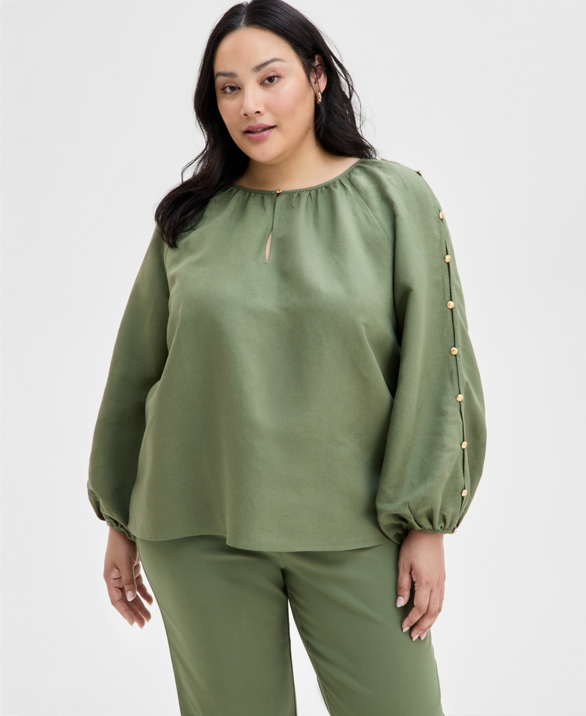 Plus Size Button-Sleeve Blouse, Exclusively at Macy's - Olivine